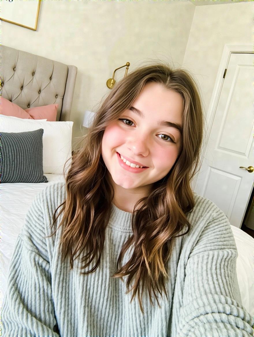 Young person taking a selfie in a cozy bedroom. Soft colors and natural light. Comfortable atmosphere with warm decor.