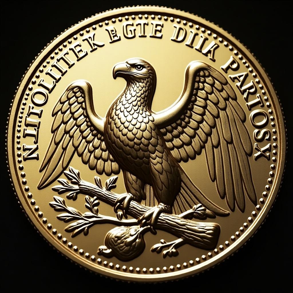 Coin with a majestic eagle design. The eagle is depicted with spread wings standing on a branch. The coin has intricate details and inscriptions.