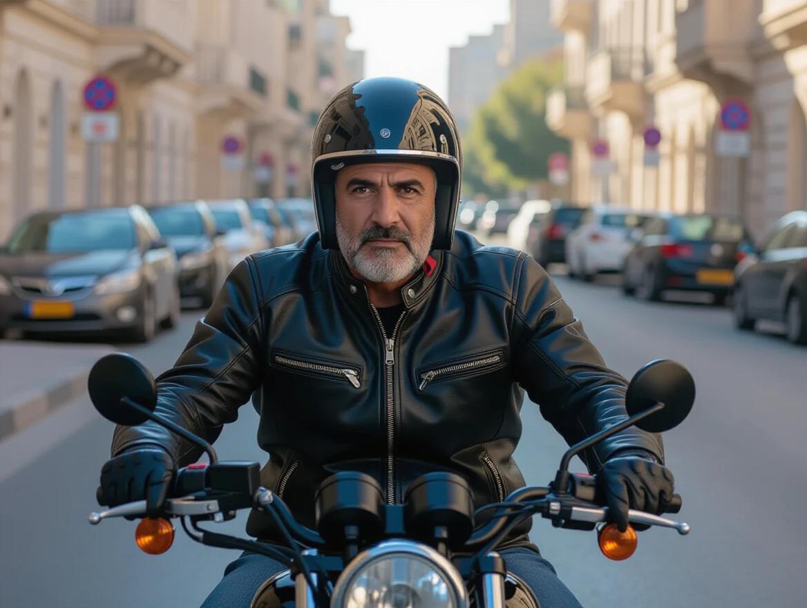 Man seated on a dark motorcycle. He wears a black leather jacket and gloves. He has a black motorcycle helmet. The street has cars parked along the sides and buildings in the background. The atmosphere is urban and casual. The photo captures a moment of everyday life. The perspective is from street level, emphasizing the rider and motorcycle.
