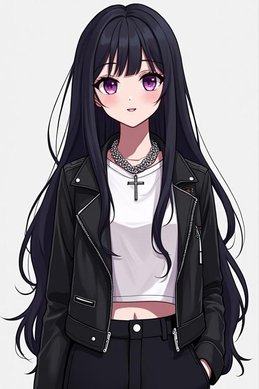 A university girl with long black hair and purple eyes. Sports a white crop t-shirt along with a black leather jacket and black pants. Has a chain necklace with a cross pendant. She stands confidently in a full-body illustration. Style is inspired by manhwa.