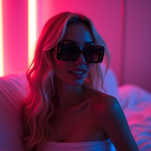 A woman with long hair and sunglasses sits confidently in a futuristic neon-themed bedroom. The scene is illuminated with vibrant lighting. This is an album cover for 'Late At Night.'