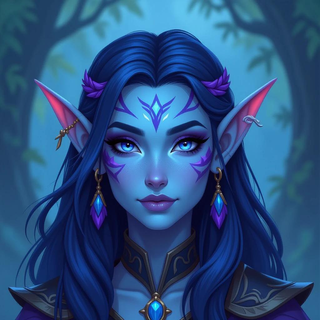 Character design resembling warcraft style. Depicts a night elf female with blue skin and long pointy ears. Features purple owl marking. Long flowing blue hair. Mystical forest background.