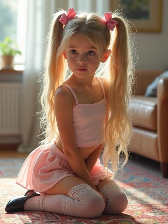 A child with long blonde hair styled in twin tails kneels on a colorful rug in a softly lit living room. Wearing a short crop top and a pale pink skirt with thigh-high socks and black shoes. A beautiful face with an engaging expression.