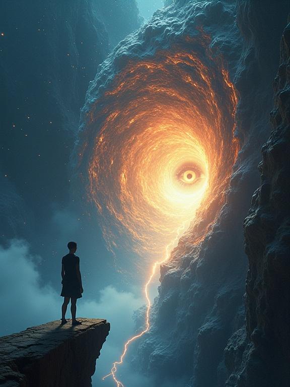 Stunning book cover featuring a portal tearing through reality. Silhouetted figure at the edge looking into a cosmic future. Dynamic cosmic energies with fiery accents. Awe-inspiring and esoteric mood. Dramatic lighting and depth.