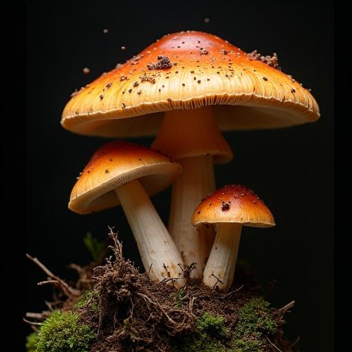 Close-up of a group of mushrooms against a black background. The mushrooms have orange caps and white stems. The setting evokes a natural environment.