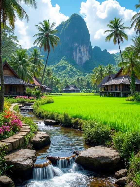 Breathtaking tropical landscape blends natural and cultivated. Clear stream runs over smooth stones with gentle cascades. Vibrant flower beds in pink orange purple bloom beside lush green rice paddies. Curving stone pathway alongside water. Traditional wooden stilt houses with steep-pitched roofs among verdant fields. Palm trees and tropical vegetation frame scene. Dramatic limestone mountain in background with greenery and exposed rock faces. Bright blue sky with fluffy white clouds completes idyllic scene possibly from Southeast Asia.