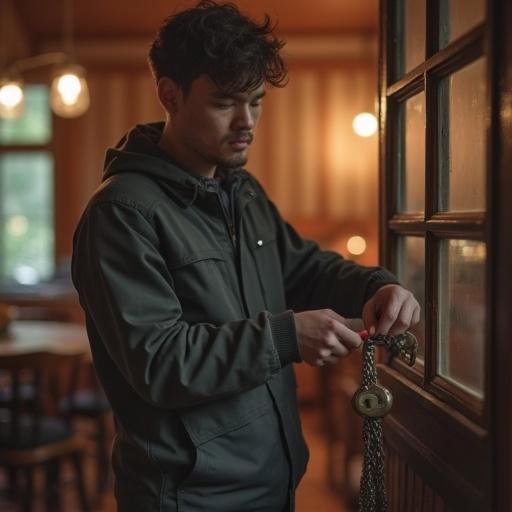 Candid photo of locksmith in cozy home. Realistic style with natural light. Soft bokeh effect surrounds the scene. Professional quality capture.