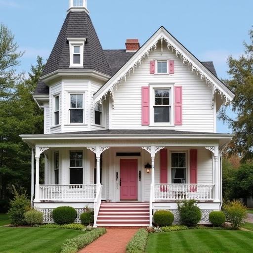 White Queen Anne Victorian house features a wrap around porch adorned with gingerbread trim. A pink door and pink shutters add charm to the exterior.