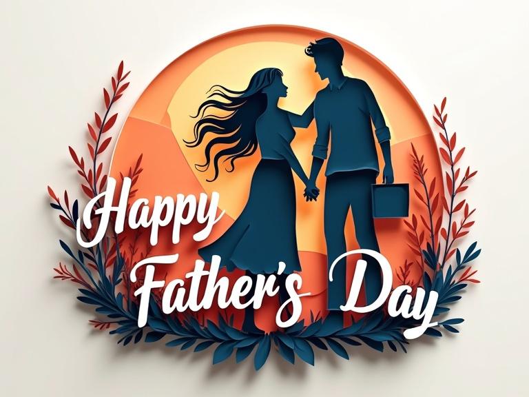 Elegant script text Happy Father's Day. Beautiful layered paper cut-style digital artwork of a mother with long wavy hair cuddling her husband. Intricate cutout designs forming a mesmerizing silhouette. Multilayer paper art in high contrast and complementary colors.