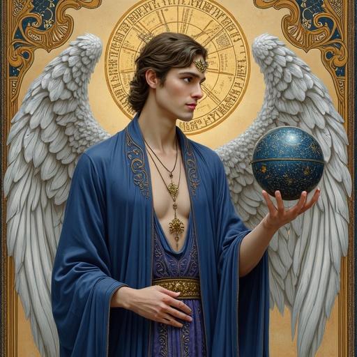 A full-body oil painting featuring Stolas the Goetian Prince. Regally presented in flowing robes with indigo and violet hues. Strong jawline, high cheekbones, heart-shaped owl facial disk, and crimson eyes. Expansive feathered wings with silver tips. Floating brass armillary sphere, elegant teaching gesture, surrounded by alchemical symbols and star maps in the background.