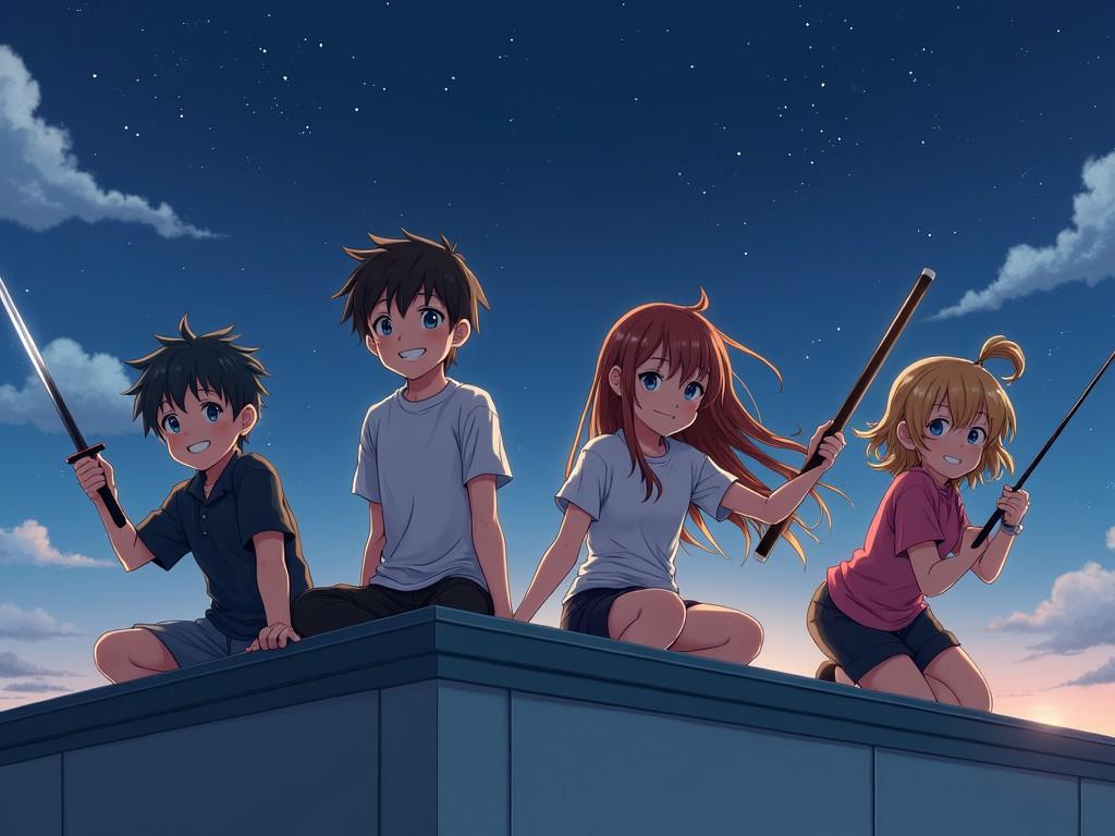 A cheerful anime-style scene set on a school rooftop at midnight. There are two boys and two girls, each holding a sword or spear. The characters are smiling and smirking, conveying a playful and adventurous spirit. The night sky is filled with twinkling stars, adding to the ambiance. The backdrop hints at a lively story, implying themes of friendship and adventure.