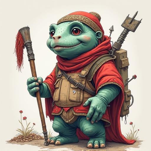 Create a stencil based on a stylized turtle character wearing a red cloak and holding a staff. The character is depicted in a front view with a cheerful expression. It has a backpack and wears medieval-inspired gear. Detail the green skin and the textures present in the clothing and accessories.