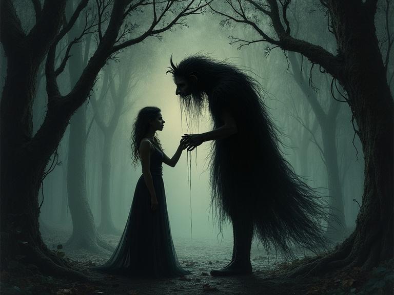 Silhouette of a male and female figure holding hands in a dark forest. Mystical atmosphere with a large tree and moonlight in the background. Soft blue and dark green tones. Illustrative style reminiscent of classic fairy tales.