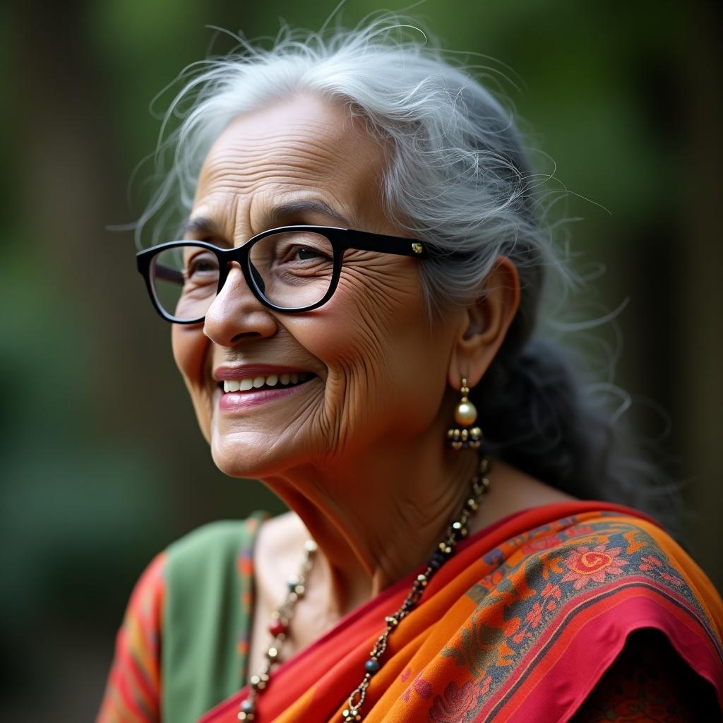 Side view of an elderly woman smiling softly. She has black glasses and is wearing a colorful saree. Her hair is gray, and she exudes warmth and joy.