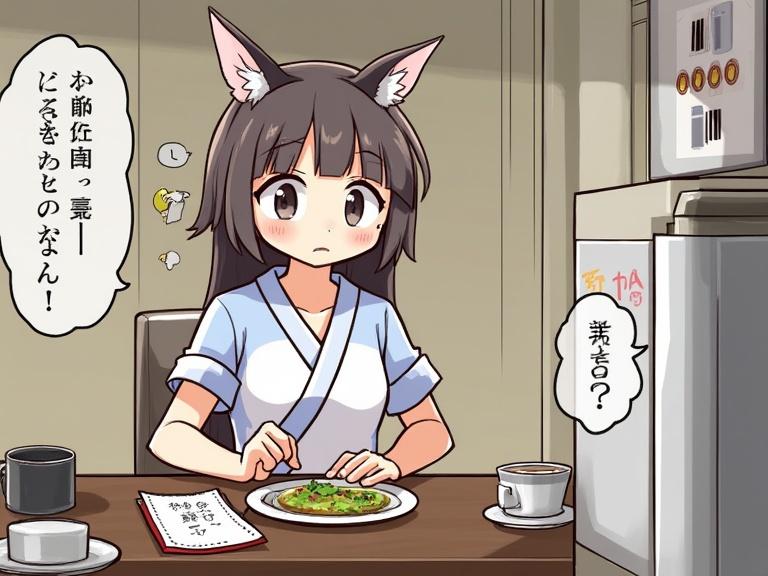Anime character with cat ears sitting at a table. Character looks surprised or concerned while looking at a plate of food. A cup of coffee and a menu are present. The setting feels cozy and warm.