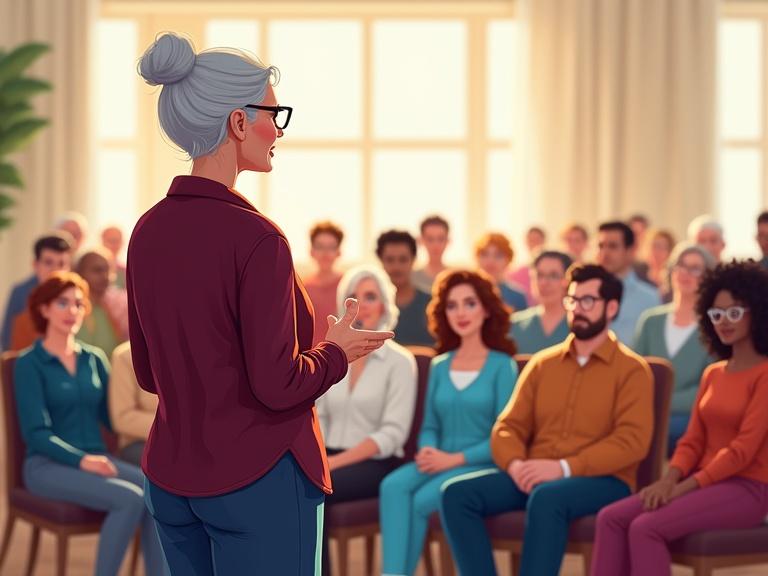 Illustration of an older woman in casual attire standing in front of a diverse audience in a community hall. The scene captures her confident delivery of a speech. Background features a transparent effect with warm lighting.