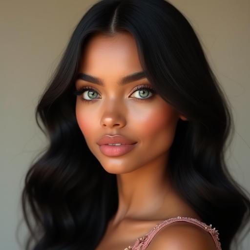 Photorealistic representation of a global beauty influencer. Smooth warm olive skin tone with a blend of Mediterranean Indian Middle Eastern influences. Heterochromatic eyes with one blue-green and one deep brown. Symmetrical oval face with high cheekbones. Thick waist-length black-brown wavy hair. Softly sculpted medium-width nose. Full heart-shaped lips with natural blush. Confident warm smile. Minimal glam makeup with glowing skin. High-fashion influencer outfit reflecting Parisian chic and K-pop edge. Neutral studio background.