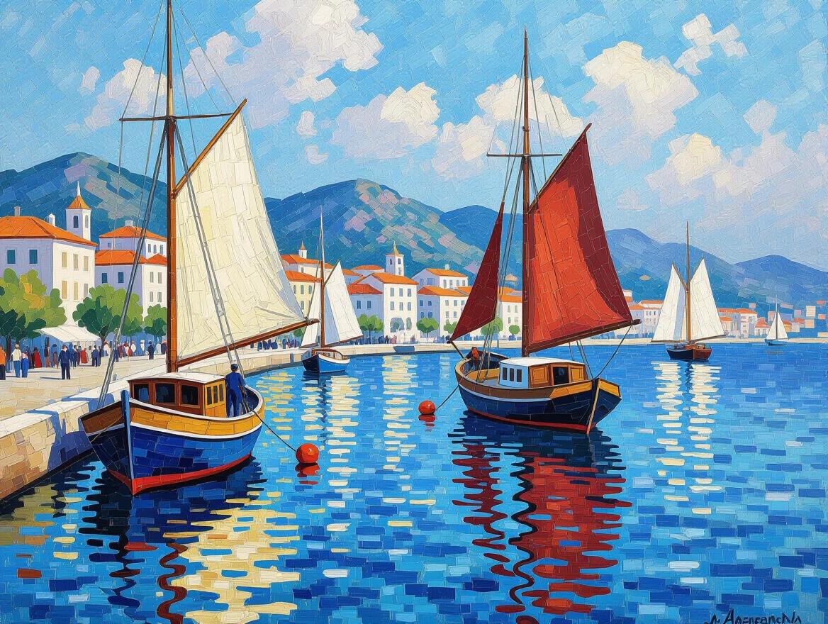 Bustling harbor with sailing vessels. Dock workers present. Techniques inspired by Paul Signac. Pure pointillist dots used. Vibrant primary colors applied. Optical color mixing effects seen in water. Systematic dot application based on divisionist theory observed. Mediterranean coastal lighting illustrated. Masterpiece showcasing pointillism. Thousands of precise color points visible. Crafted for museum quality.