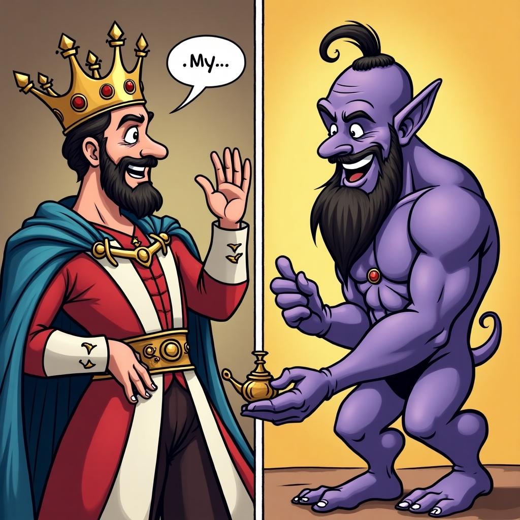 This comic features three panels. The first panel shows a male king, adorned in royal attire, greeting a genie. The second panel reveals the king expressing his desire to switch places, while the genie looks pleased and amused. The final panel captures the magical essence of their swap, with dynamic poses and expressions conveying humor and fantasy elements.