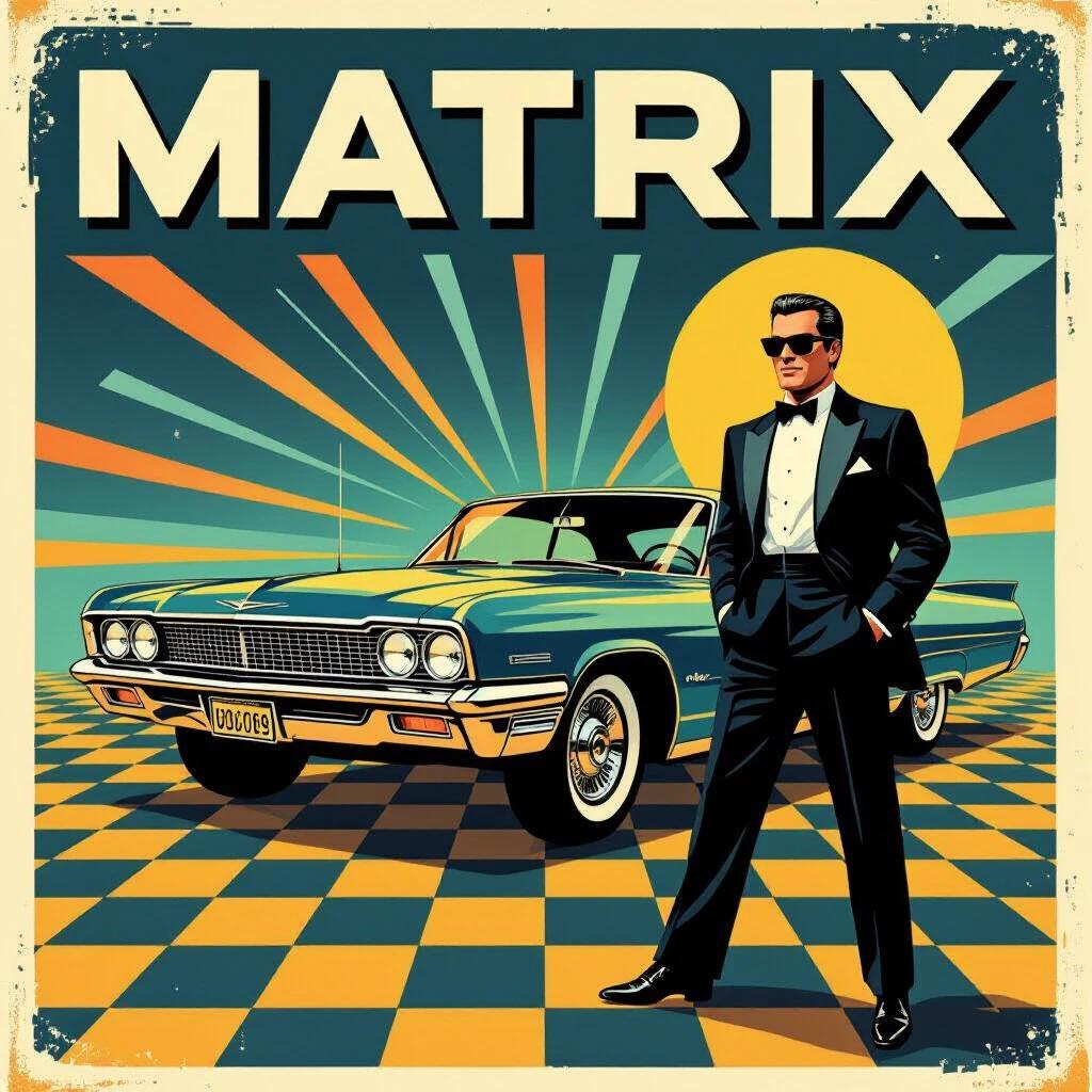 A retro-styled illustration inspired by Matrix. Featuring a vintage car prominently. A suave man in a tuxedo stands confidently beside the car. Background includes rays radiating from a large sun. Bold title 'MATRIX' at the top.