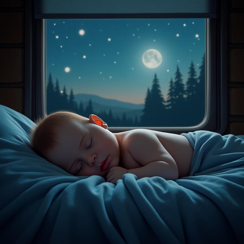 A baby sleeps peacefully in a bed on a midnight train. The scene is illuminated by moonlight streaming through a window, showcasing dark trees and a starlit sky outside.