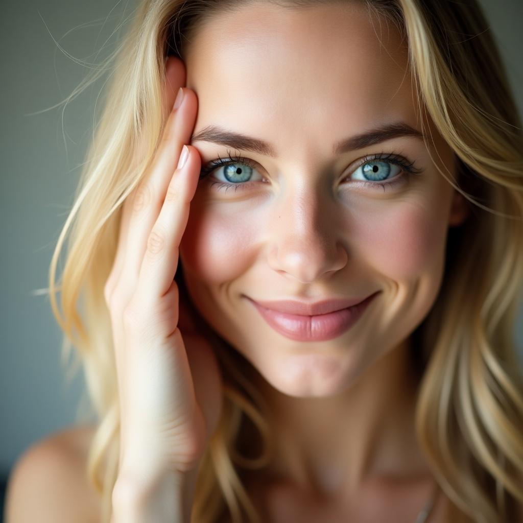 Woman smiling touching her forehead with index finger. Natural lighting creates warmth. Soft focus enhances the image.