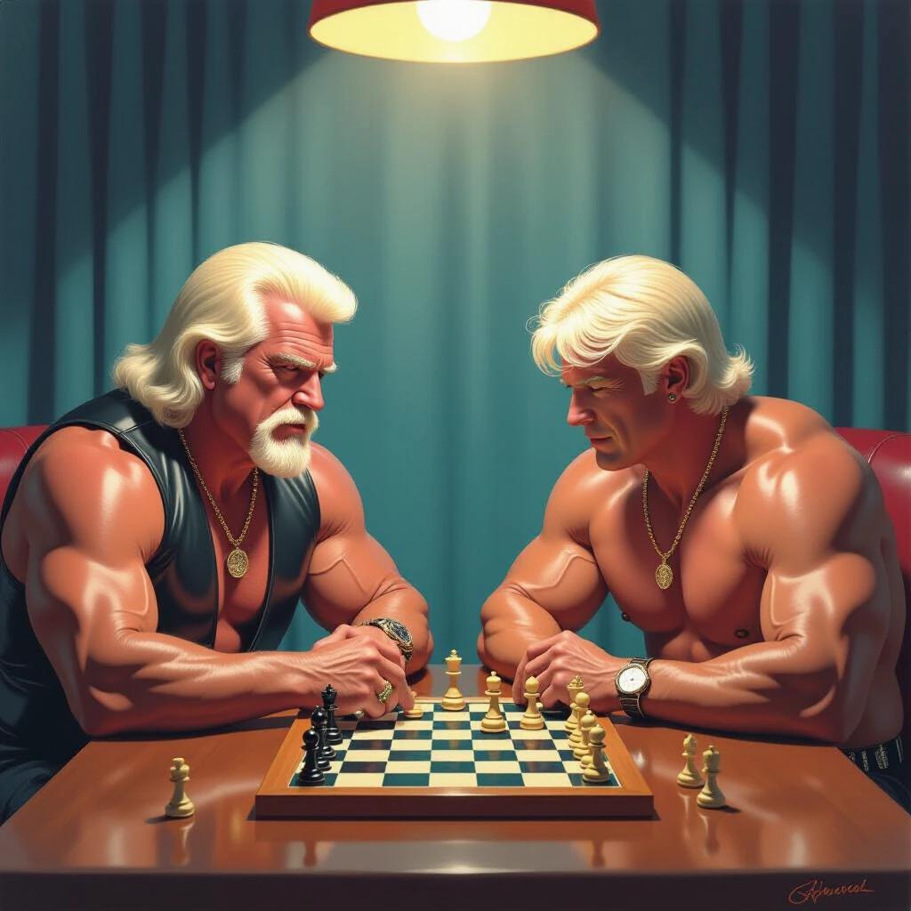 Two muscular men with long blonde hair playing chess. Intense expressions on faces. Rendered in an airbrush style. Jewelry visible. Chessboard in center, dark setting.