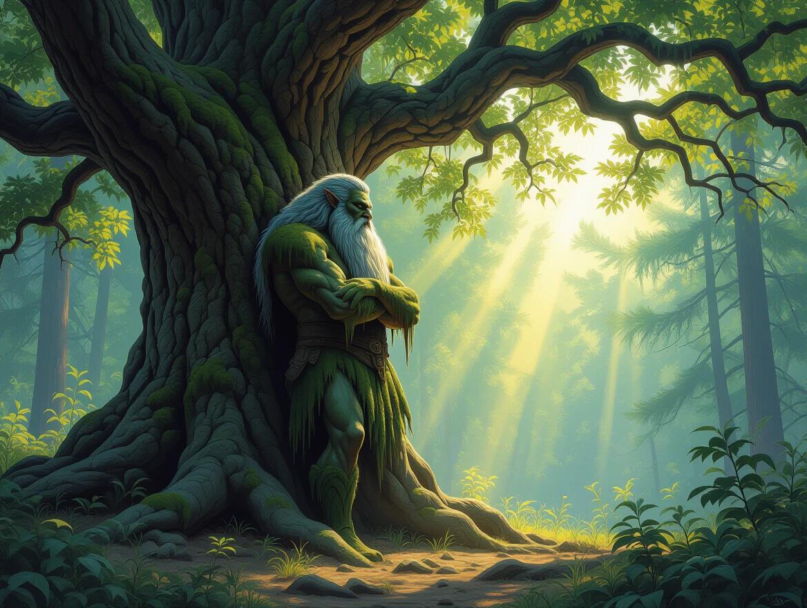 A masterpiece oil painting. Thick visible brushstrokes with heavy impasto texture. Cinematic lighting highlights a Leshy leaning against an ancient oak tree. Golden sunlight creates chiaroscuro effects. Vibrant, hyper-detailed textures in an awe-inspiring forest landscape. The mood is tranquil and timeless.