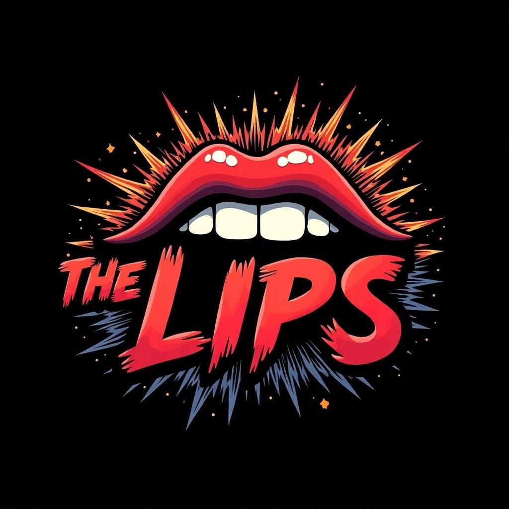 Logo design for a rock band called The Lips. Features bold and eye-catching text. Incorporates stylized lips illustrations. Has an explosive background. Set against a black background with intense vibrant colors.