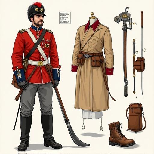 Illustration of a British pioneer or sapper. Features soldier in red coat with dark blue trimmings. Includes details of a fur hat with front plate possibly shaped like a flaming grenade. Soldier carries a large pioneer axe on shoulder. Detailed depiction of uniform elements and tools.