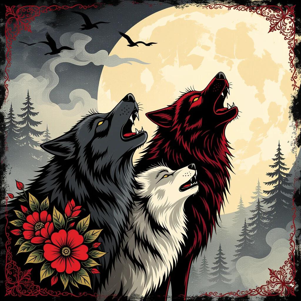 Flash tattoo sheet with exotic wolves howling at a foggy moon. Thick line minimalist designs in black red yellow and white. Artwork inspired by artists Russ Mills Patrick Nagel Victoria Frances and Anne Stokes.