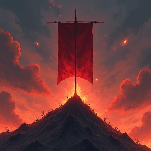 Anime style featuring darker warm colors. Charred vertical banner in the center with an iron-black flagpole on a mountain of corpses glowing with fiery red. Cloudy sky with visible flames between the clouds.