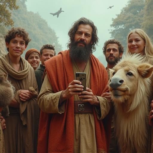 Noah takes a selfie photo with his sons and animals after exiting to the earth