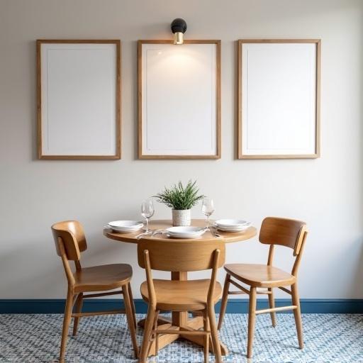 Modern coffee shop interior features cozy atmosphere. Three empty poster frames hang on the wall. A round wooden table is set for two. White plates and glasses accompany a small plant in a pot. Four simple wooden chairs surround the table. The floor shows blue and white patterned tiles adding elegance.