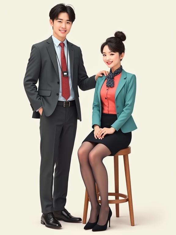 Korean couple flight attendants in their late-20s. Full-body front view. Male in dark grey suit with pale-blue shirt and red plaid tie. Black socks and shoes. Female sitting on wooden stool in coral-pink blouse, black skirt, turquoise blazer. Small dark-blue scarf tied around her neck. She wears sheer black pantyhose and black pumps. Backdrop off-white. Both smiling warmly.