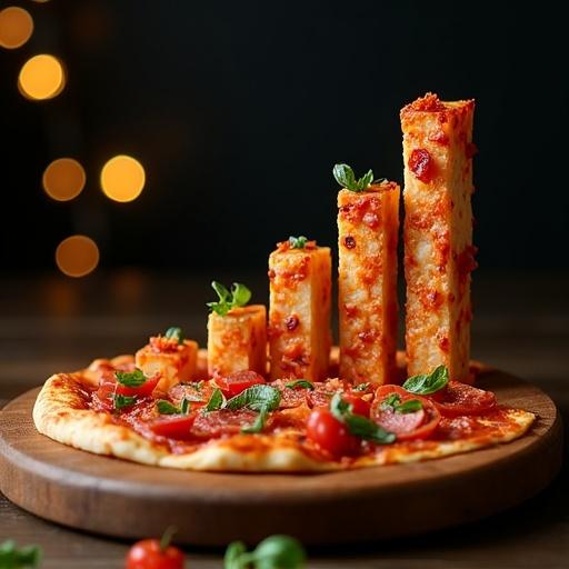 Pizza slice with toppings arranged like a rising stock graph inspired by creative culinary art. Dark background with glowing bokeh lights creating a warm ambiance.