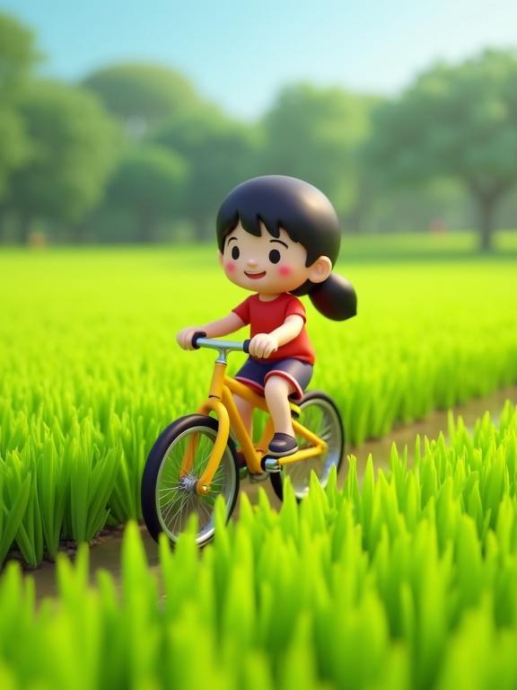 Stylized 3D digital art of a chibi character riding a bicycle through a rice paddy. The character has a playful expression and is cycling on a bright yellow bike in green rice fields. The scene is colorful and features soft lighting with a cinematic feel.