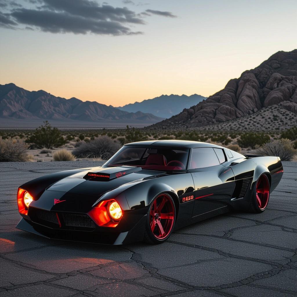A parked angular black and red futuristic funny car in a low rider style. The photo captures epic scenery with dark gangster vibes.