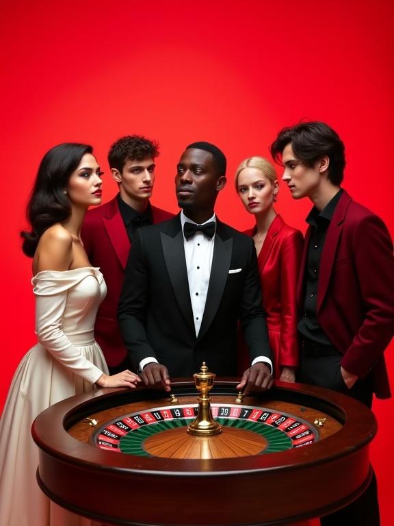 Five models in formal wear at a roulette table. Black man in black tuxedo with bow tie. Fair-skinned blonde woman in cream gown. Two men and one woman in red jackets. Engaging photoshoot in minimalist studio with red background.