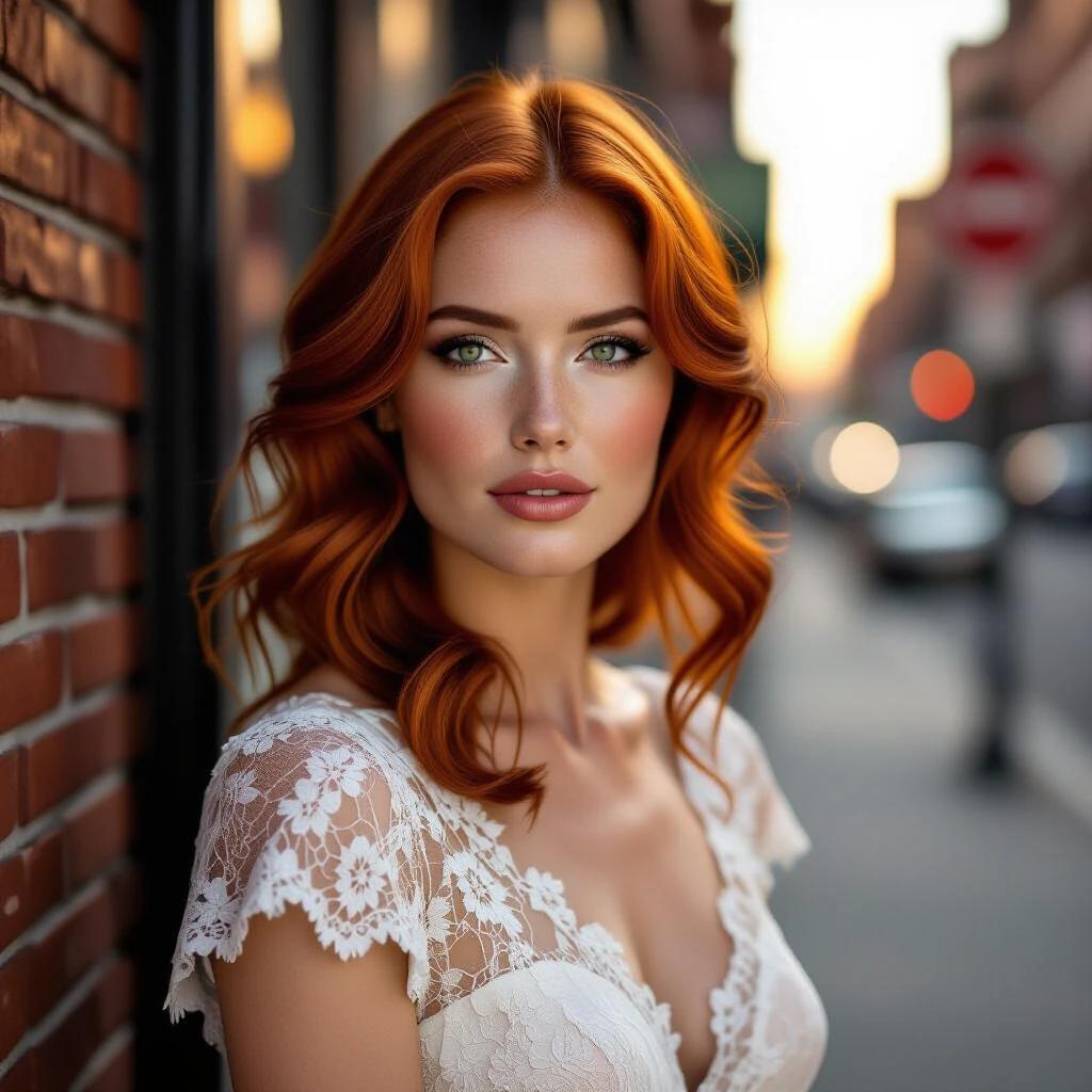 Photorealistic portrait of a woman with red hair and green eyes. She wears a delicate lace dress. The background shows a vintage urban sidewalk. Lighting is during golden hour. There is a shallow depth of field. The photo highlights skin details and cinematic atmosphere. It features 1970s street photography style.
