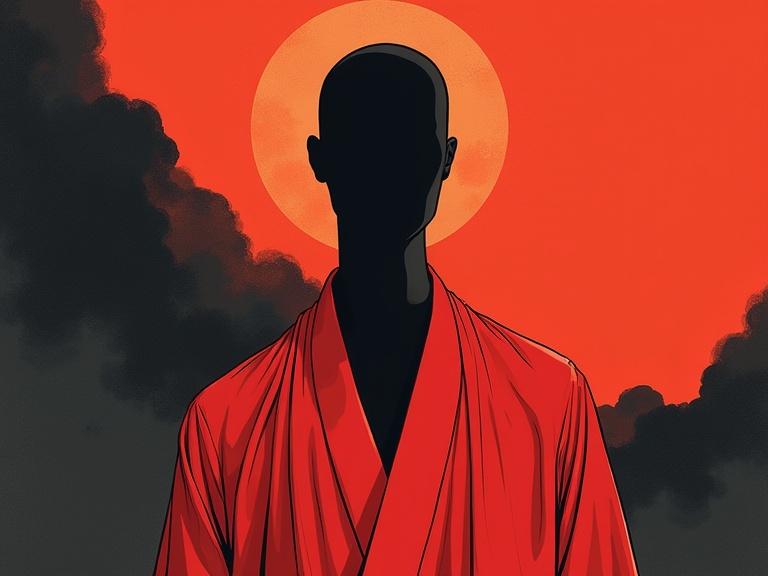 Faceless mannequin in red robe. Minimalist style illustration. Futuristic scenario. Abstract shapes in backdrop. Surreal and emotive. High-concept fashion vibe. Bold contrasts with clean negative space.