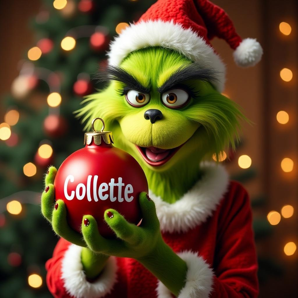 Grinch character holds a Christmas ornament with the name Collette. Background features festive Christmas lights.