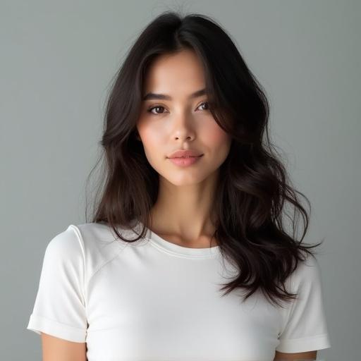 Realistic photo of a woman with dark hair wearing a clean white top. Focus on face and shoulders. Smooth glowing skin with natural makeup. Wavy dark hair on shoulders. Soft natural lighting highlights facial contours. Gray minimalist background, modern feel. Ultra-detailed photorealism.