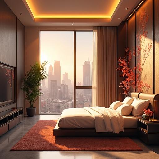 Futuristic luxurious grandmaster bedroom with a king-sized bed. Decorated with cherry blossom designs. View of a vibrant city skyline during sunset. Warm lighting and modern furnishings. Soft textiles with upscale finishes in a spacious layout.