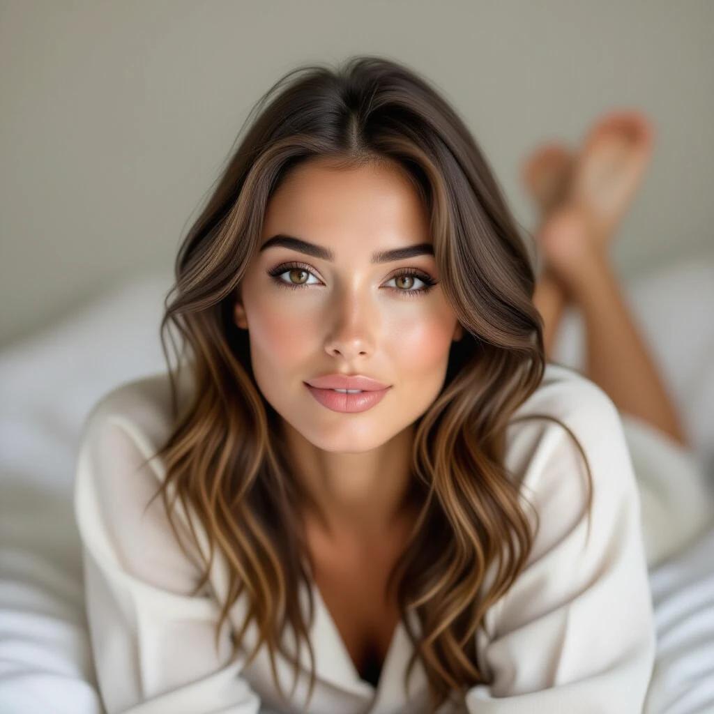 Woman with straight brown shoulder-length hair lying face down on bed in light pajamas. Captured close up showing relaxed gaze and sensual look. Defined chin and refined features with almond-shaped brown eyes and full eyelashes.