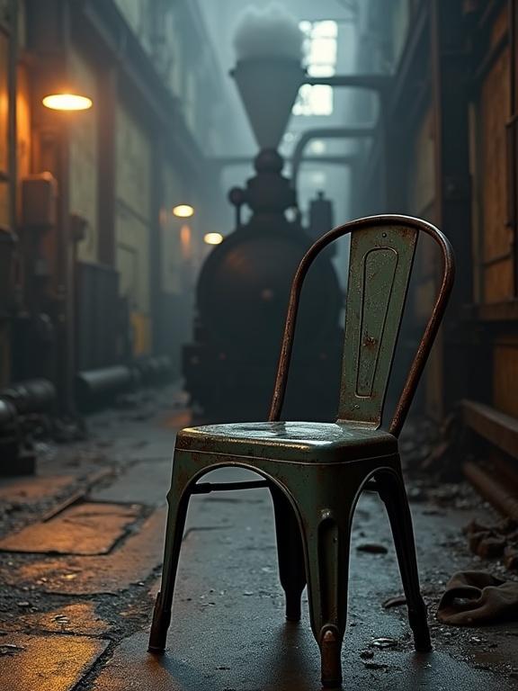 An industrial environment showcases a rusty, green steel chair prominently in the foreground. A steam engine looms in the background, shrouded in dim lighting and an eerie atmosphere. The scene reflects signs of decay, including oil and grease on the surfaces.
