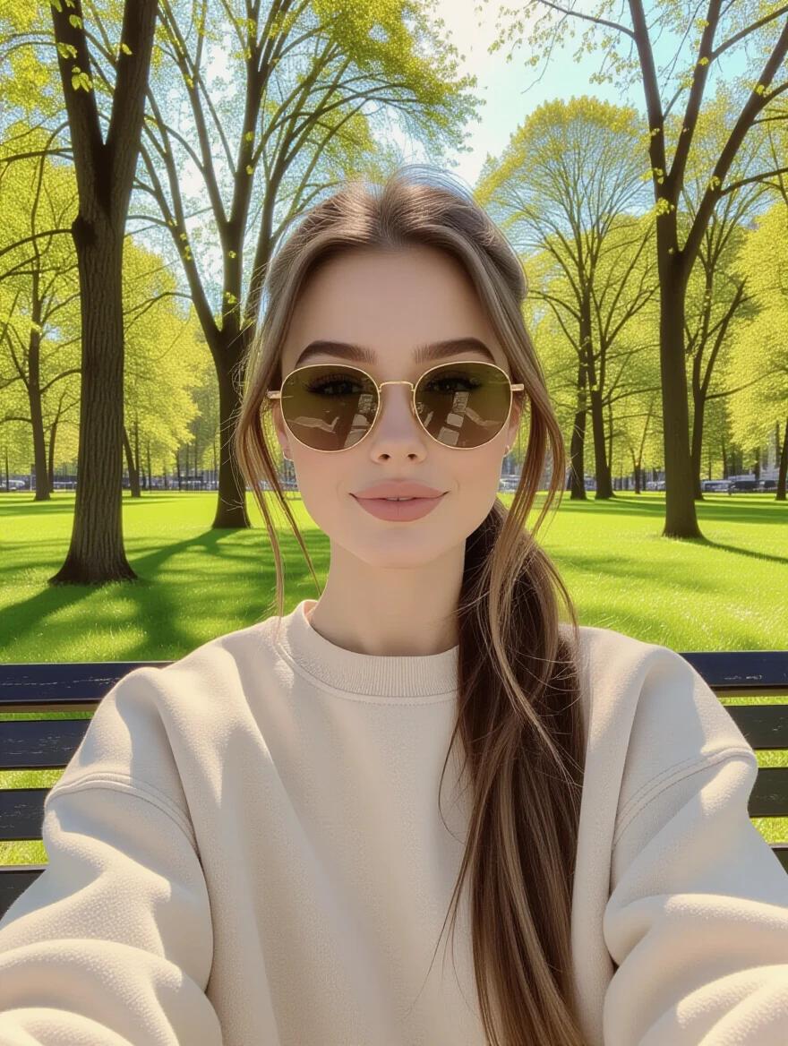 A young woman takes a selfie on a bench in a sunny park with trees. She wears a beige sweatshirt and sunglasses. Her long, light brown hair is in a ponytail with loose strands framing her face.