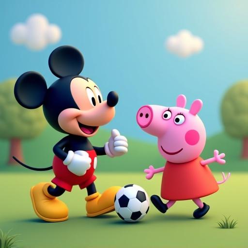 Mickey Mouse and Peppa Pig playing soccer together in a cartoon style. Fun and cheerful scene, featuring bright colors and a playful atmosphere.