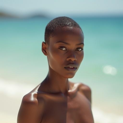A beautiful woman at the beach. The woman has short hair. The background features ocean and sand with soft lighting.