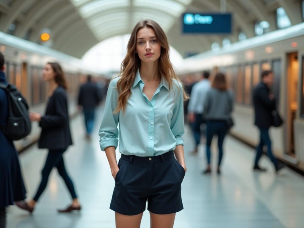 A woman stands confidently in an urban subway station, wearing a light blouse and dark shorts, surrounded by blurred commuters, embodying a fashionable, modern lifestyle.